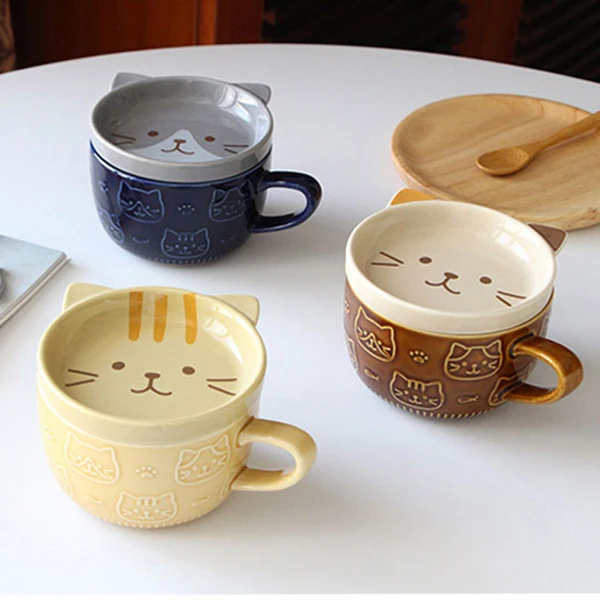 Creative Glazed Emboss Porcelain Cat Shape Cup Ceramic Coffee Mug  With Cover Customized