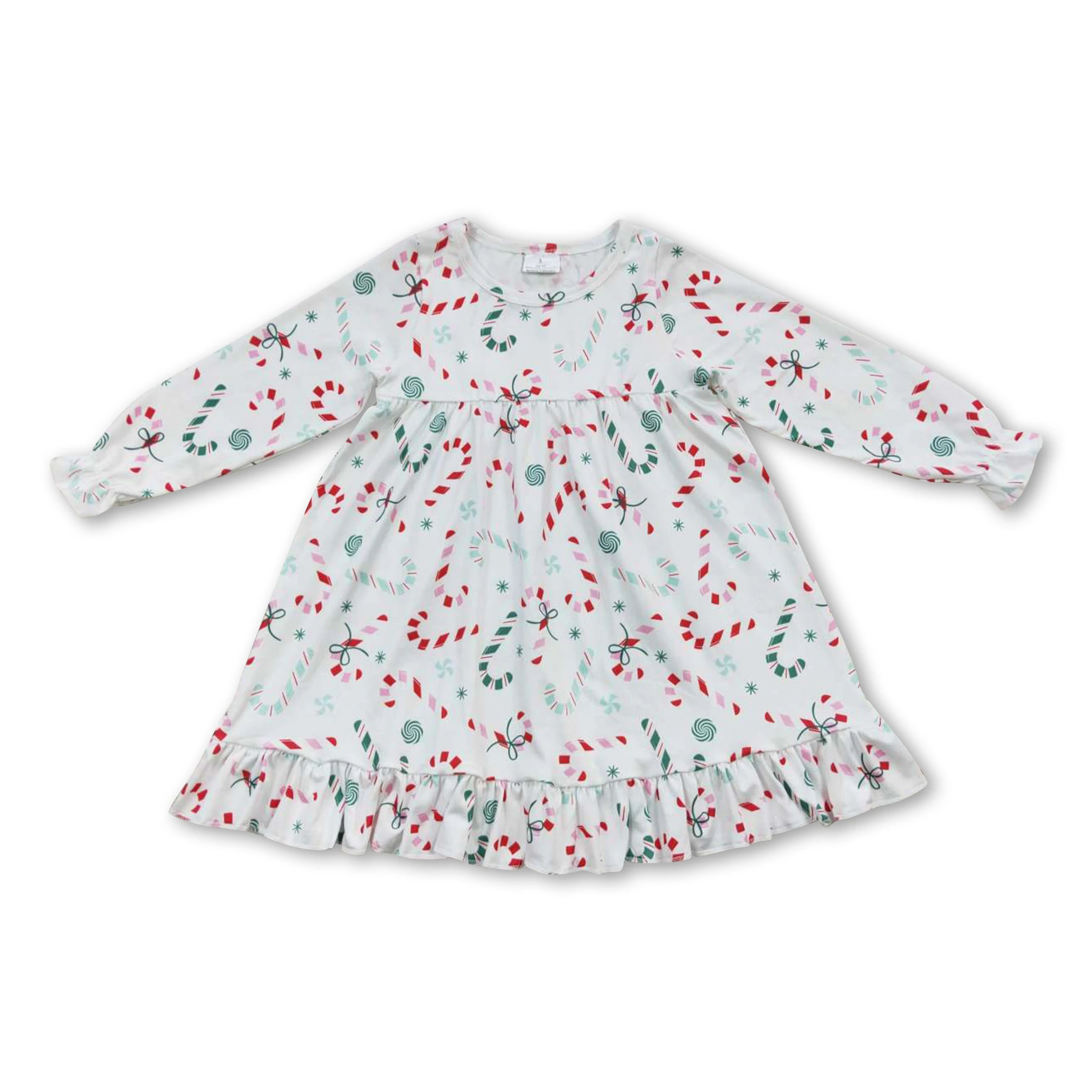 Hot Sale Baby Girls Christmas Ruffles Candy Cane Print Toddlers Wholesale Boutique Clothing Kids Long Sleeves Cute Twirl Skirts