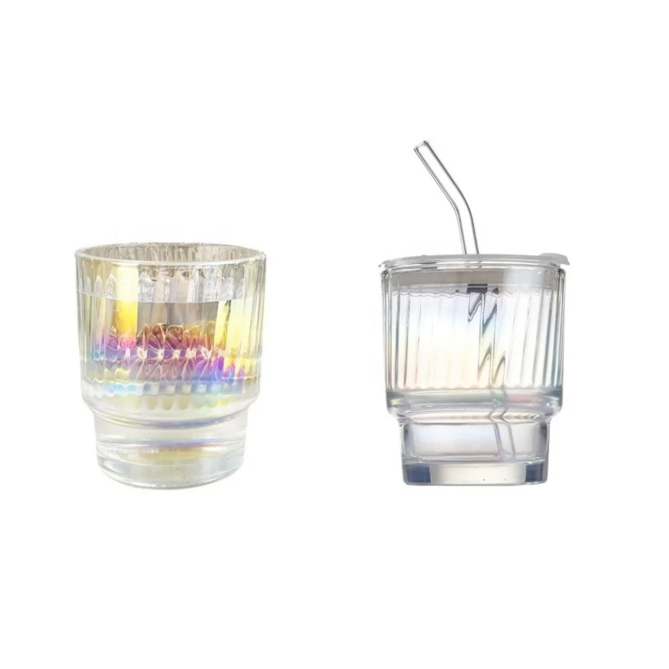 Glass Tumbler Colorful Glass Coffee Cup with Lid and Straw Modern Design Drinking Glass Cup