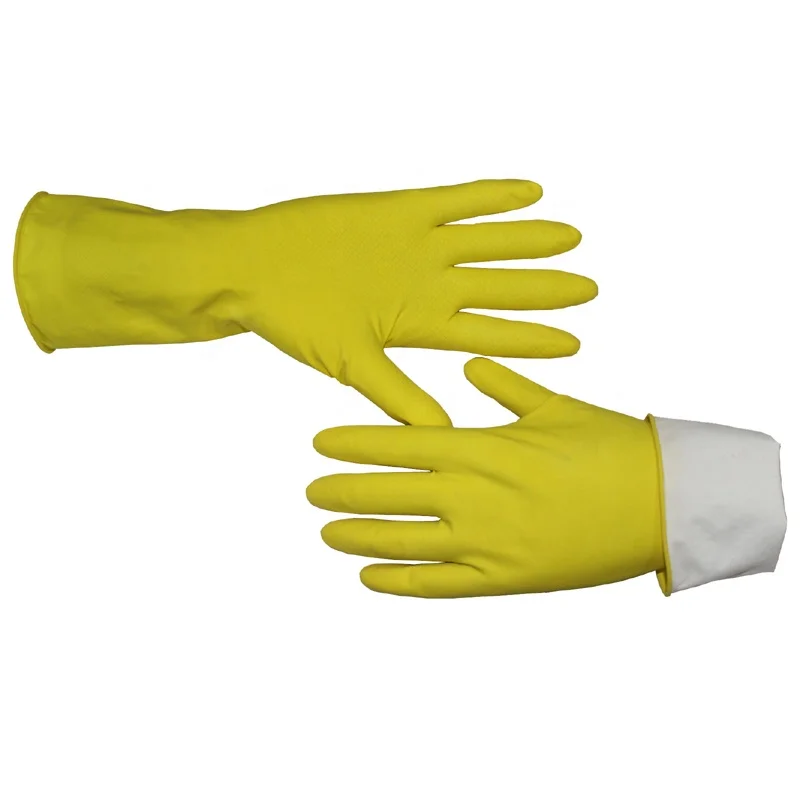 Custom Woman Red Latex Natural Rubber Household Dish-washing Cleaning Glove Spray Flock Liner Gloves Diamond Grip Straight Cuff