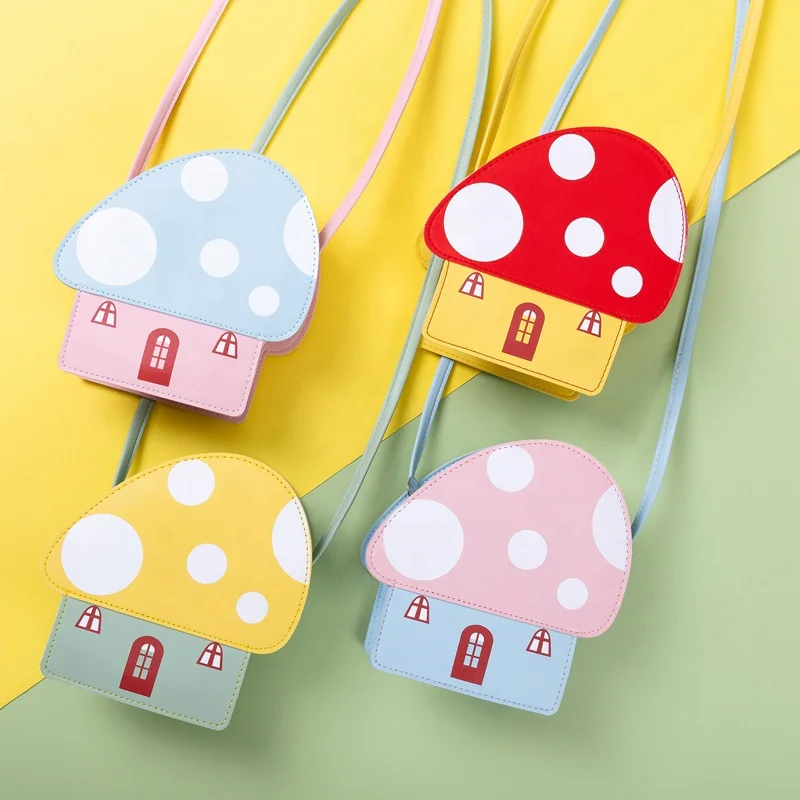 Heopono PU Leather Mushroom Lovely Design Children Kids Messenger Bag Fasion Cute Cartoon Small Crossbody Bag for Girls