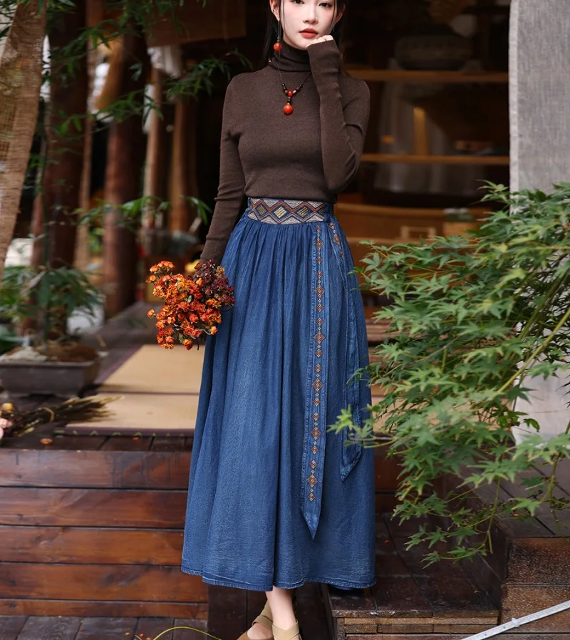 Custom Pleated Skirt Retro Embroidered Skirt Versatile Floral-Embroidered Washed Denim Jeans Women Casual Vintage Style Summer