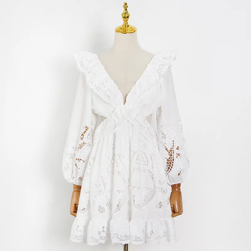 ZC00487  Deep V-neck Long Sleeve Lace Patchwork Hollow Out Women Clothing Backless Lace-up Hook Flower Woman A-line Mini Dress