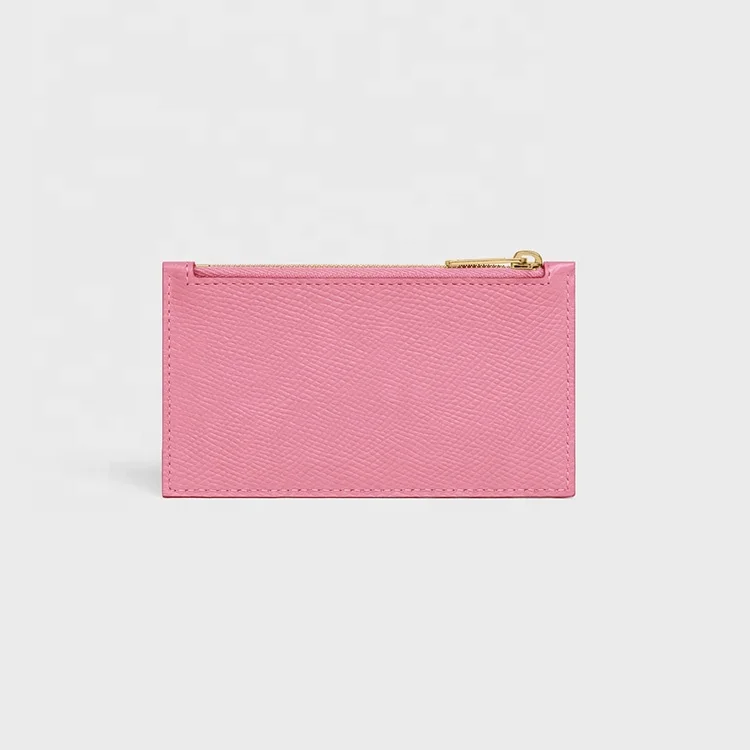 Custom Logo Nude Women Multi Card Slots Zipped Compact Leather Small Card Holders Epsom Leather Zip Cardholder Wallets