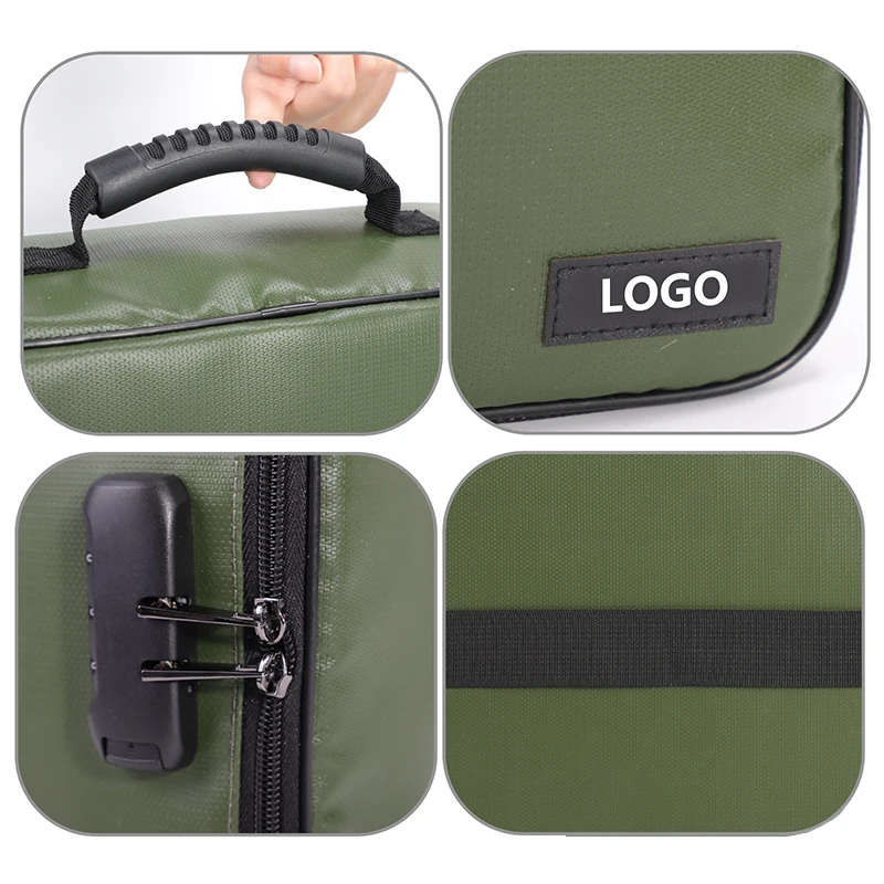Custom Logo Multi-Layer Portable ArmyGreen Waterproof Fireproof Safe Document Bag Box Document Organizer with Lock