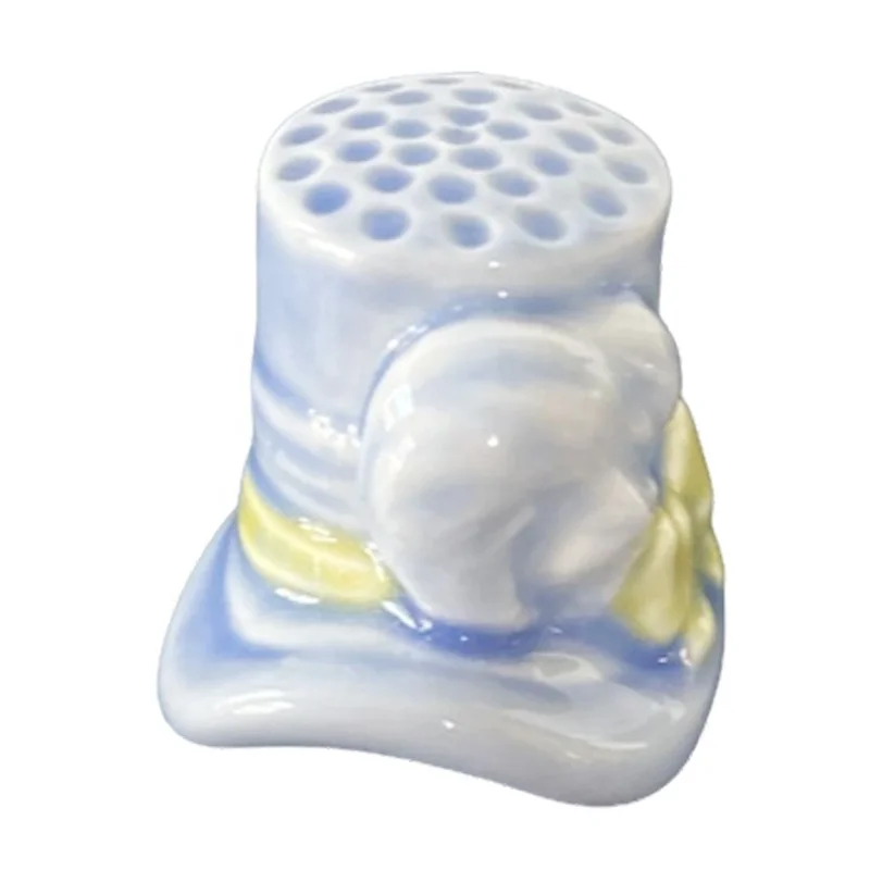Custom tailors sewing accessories ceramic figure thimble porcelain light blue white yellow ribbon bow hat shaped finger thimbles