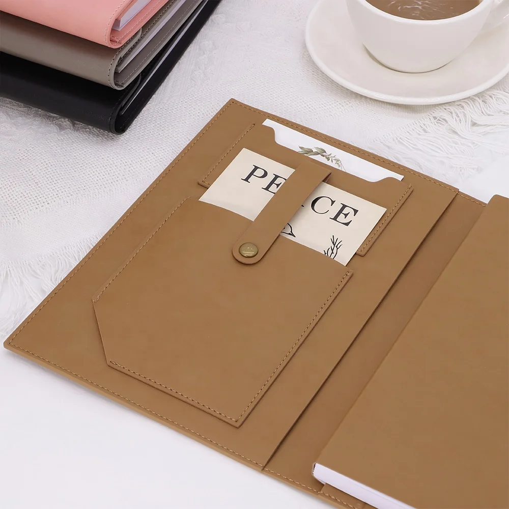 Custom PU Leather Handbag Notebook Tri- Folder Paper-bound Metal Clasp Closure Planner