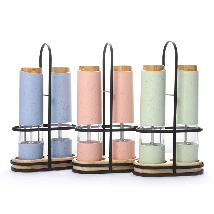 Battery Operated Wheat Straw Wooden Button Top Green Blue Color Electric Salt and Pepper Grinder Set