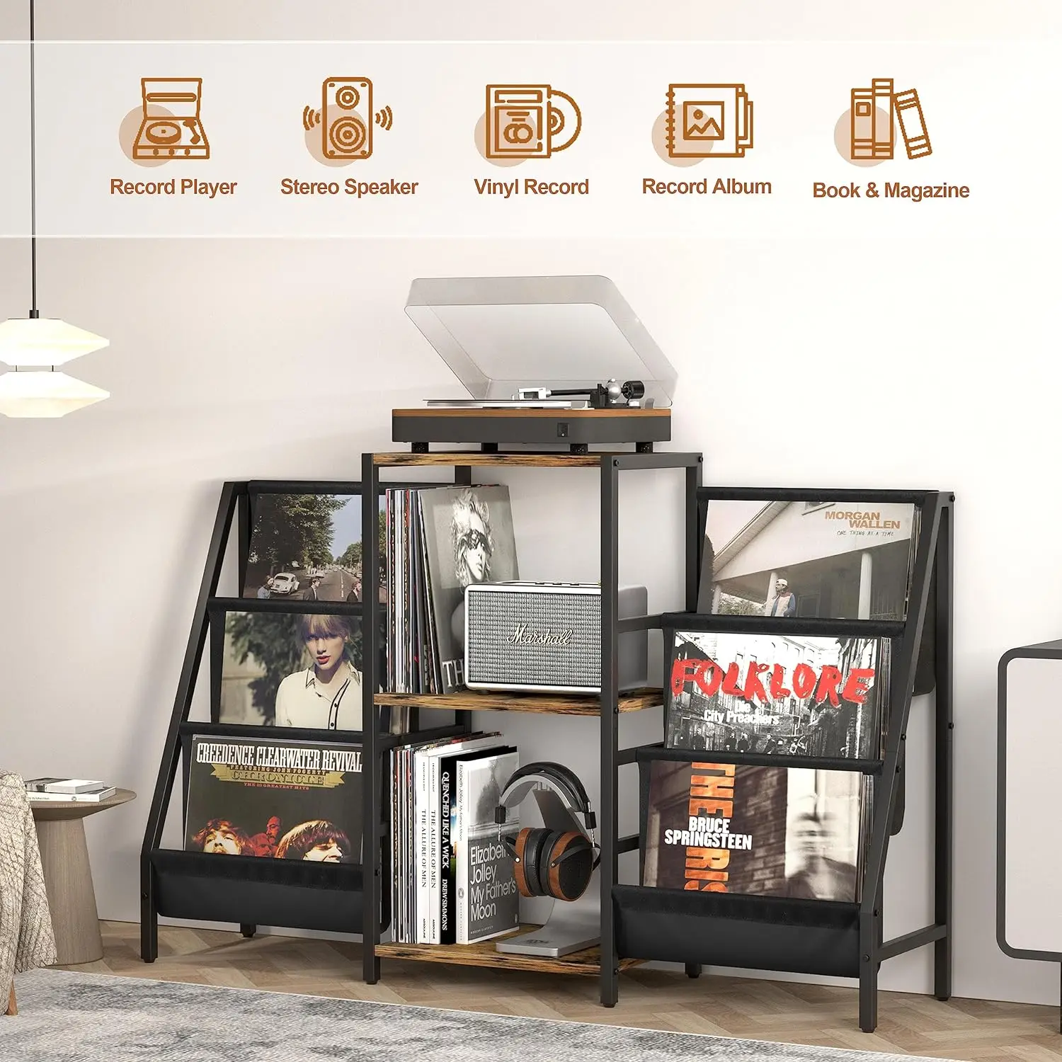 Rustic Home Living Room Furniture Steel Wood Holder Vinyl Display Shelf Cabinet Media Stereo Storage Table Record Player Stand