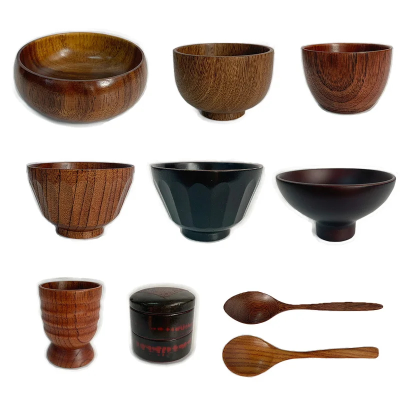 Eco Friendly Custom Logo Japanese Jujube Wooden Large Soup Bowl Noodle Ramen Bowl Wood Tableware Bowl Cup Spoon Set