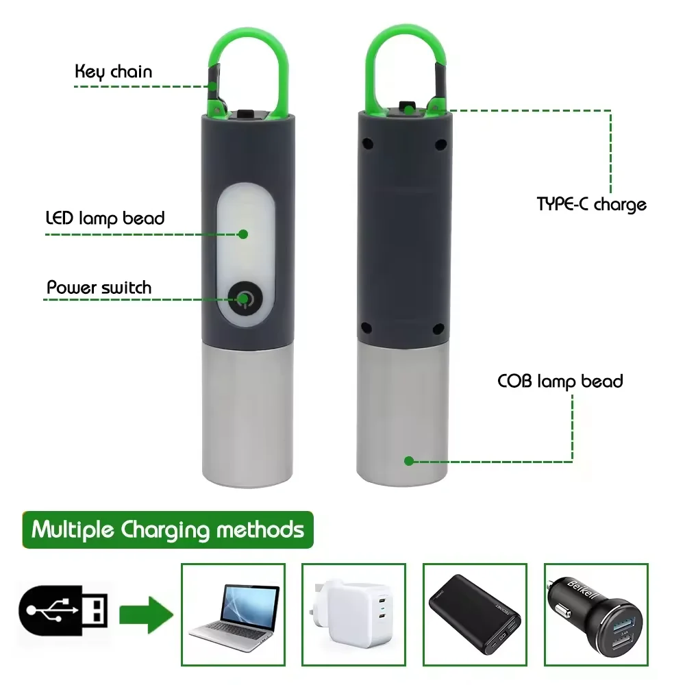 Aluminum Multifunctional Three Light Sources Type-c Tail Suspend Camping Light White Laser Super Bright Flashlight