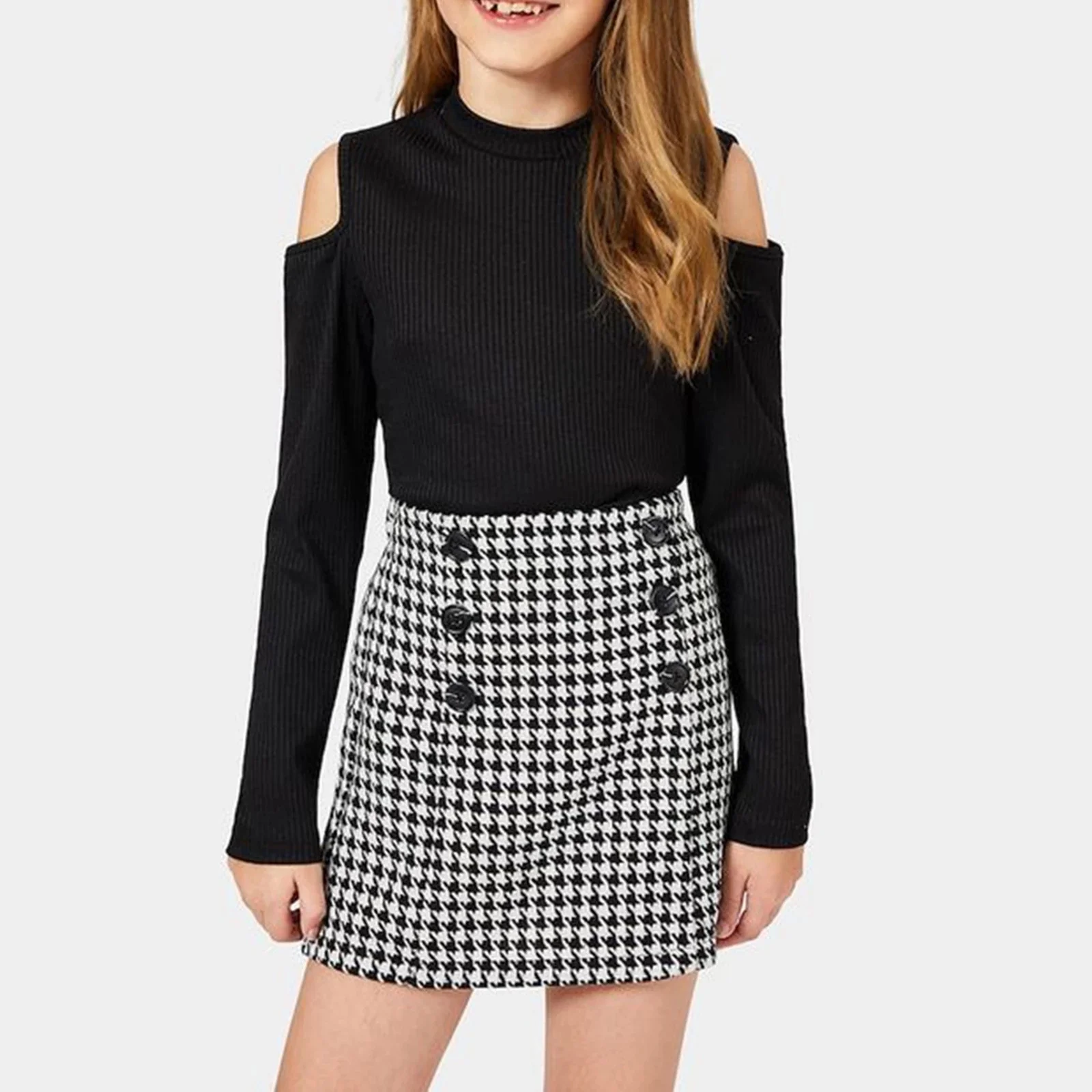 2021 New Autumn Infant Girls Casual Outfits Baby Cold-shoulder Knitted Long Sleeve Pullover Tops+Houndstooth Print Skirt Set
