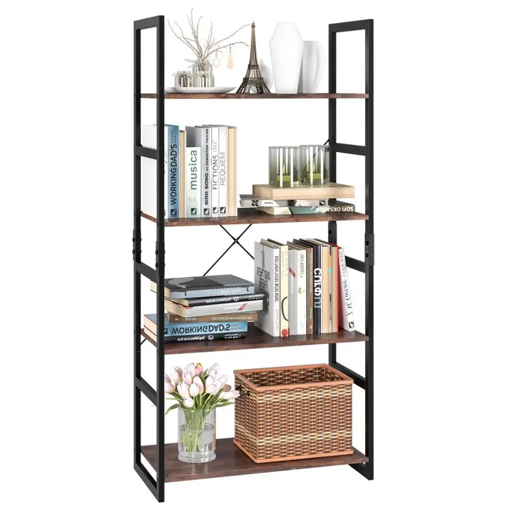 Modern Cheap Furniture Bookcase Metal Rattan 4 Tier Wooden Bookshelf