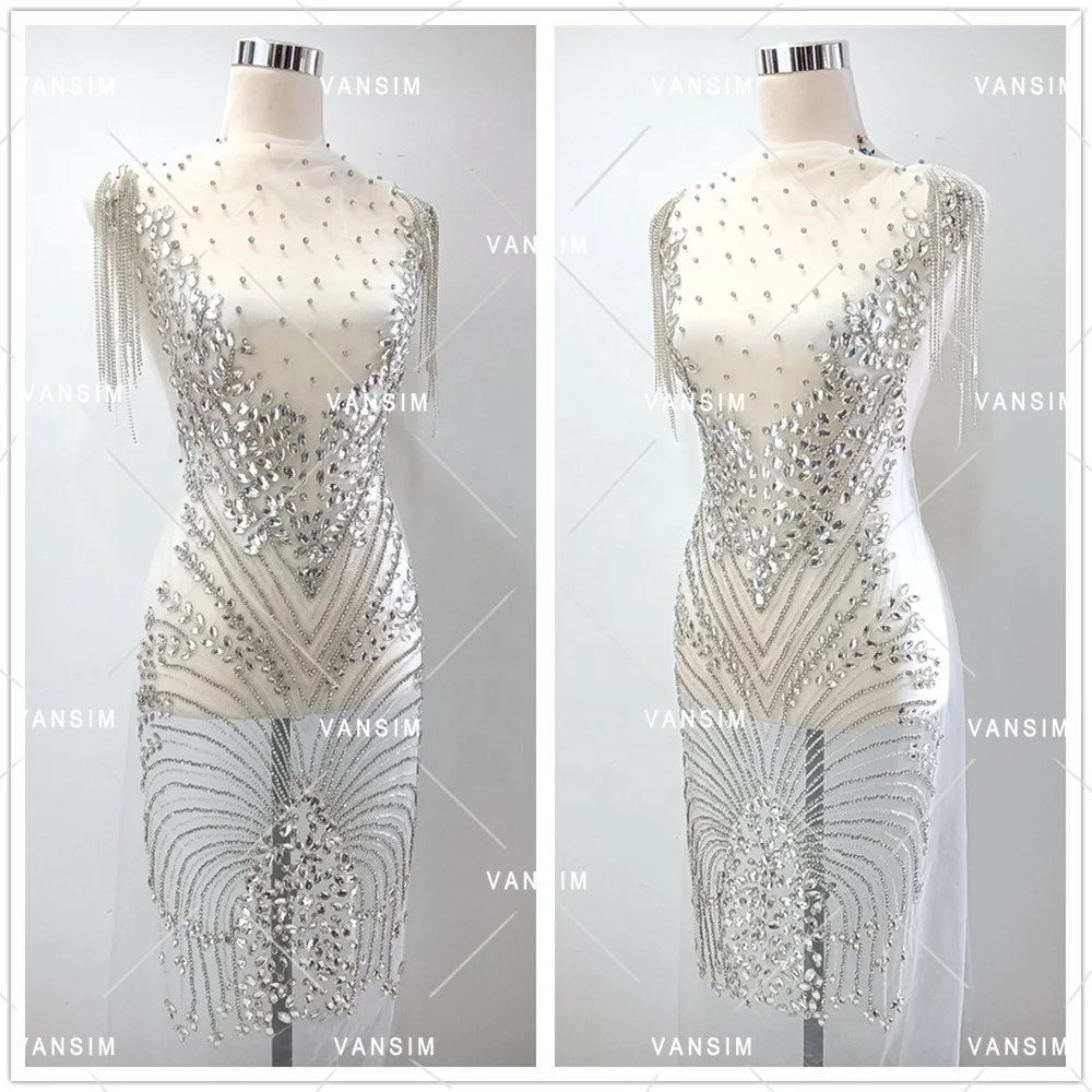 Wholesale rhinestone flower bodice applique crystal panel fringe shoulder chest body patch wedding bridal dress decoration