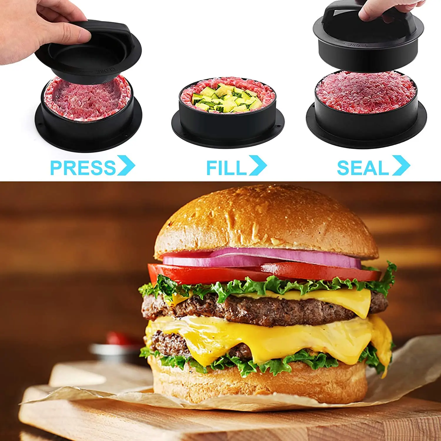 3 in 1 Non-Stick Meat Beef Burger Press Hamburger Patty Mold Press Patty Maker, Essential Tool to Make Patty for Stuffed Burgers