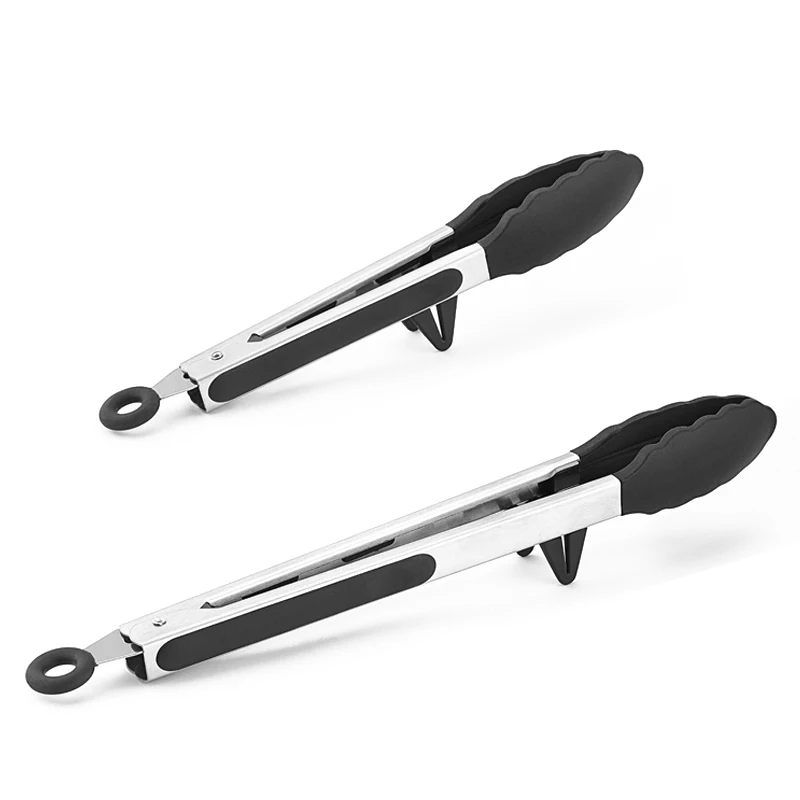 Stainless Steel Silicone Food Clip Tongs Kitchen Gadgets Salad Bread Cooking Food Serving Tongs With Stand
