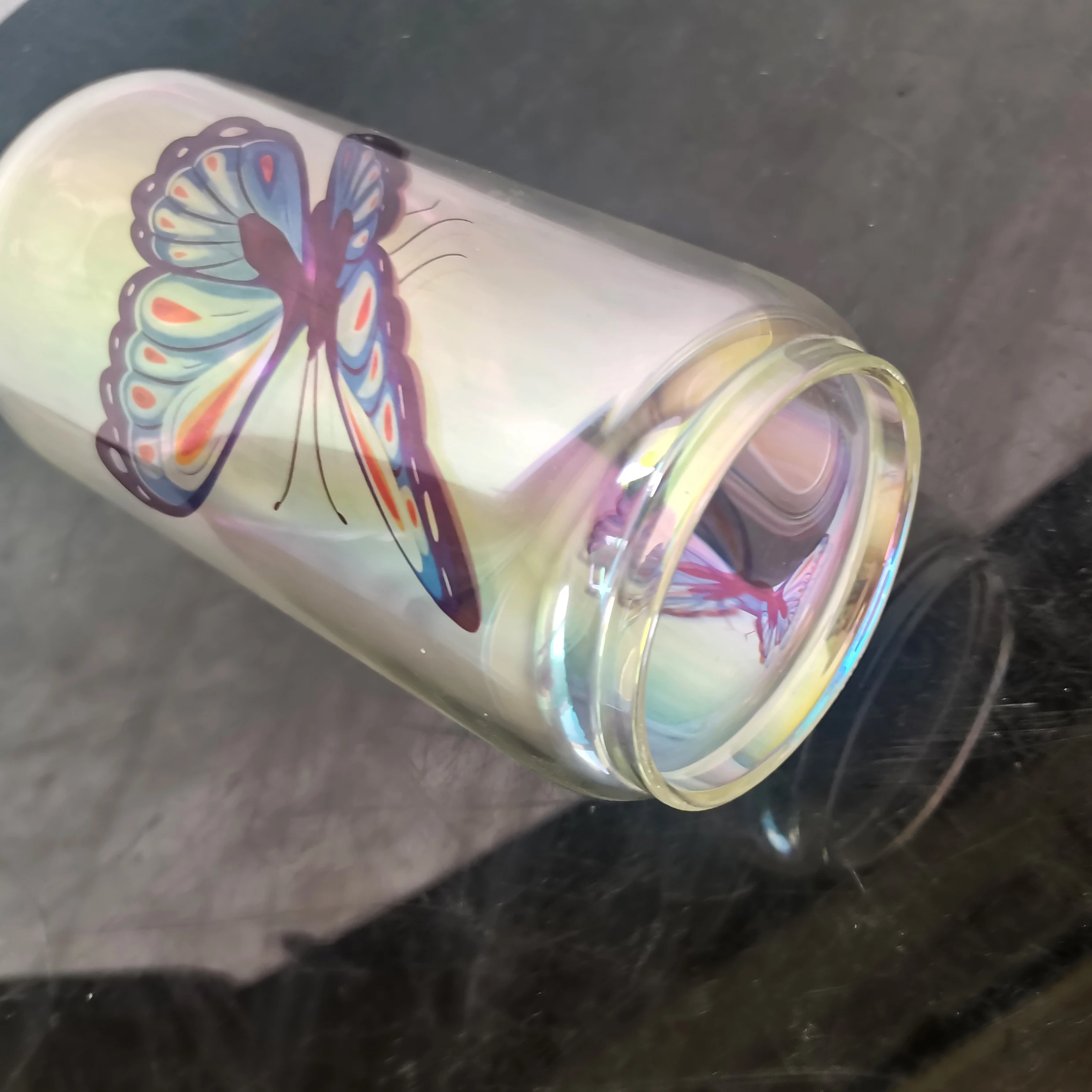 wholesale bulk iridescent rainbow plated blank sublimation with colored lids and straw  Holographic 16oz beer glass can