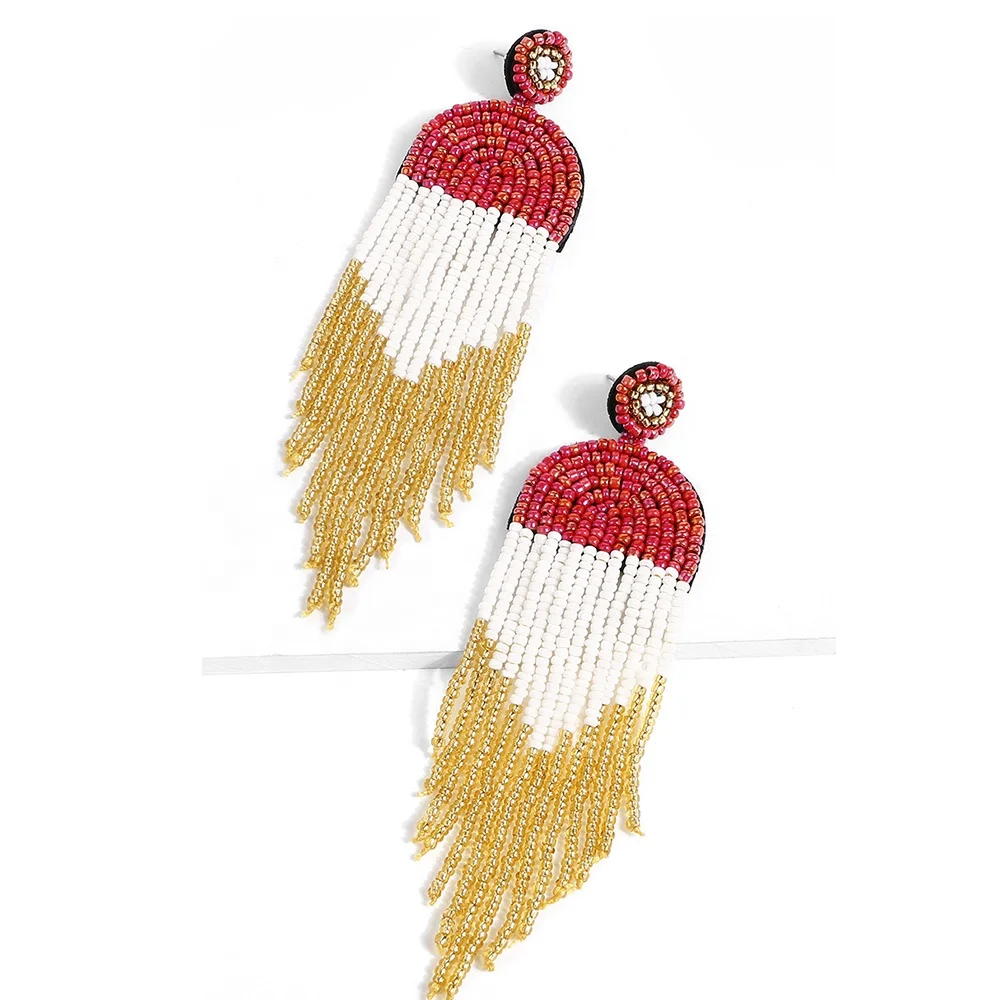 
fashion earrings trend 2021 Handmade Beaded Colored Rice Beads Statement Dangle Fringe Long Stud Bohemian tassel earrings 