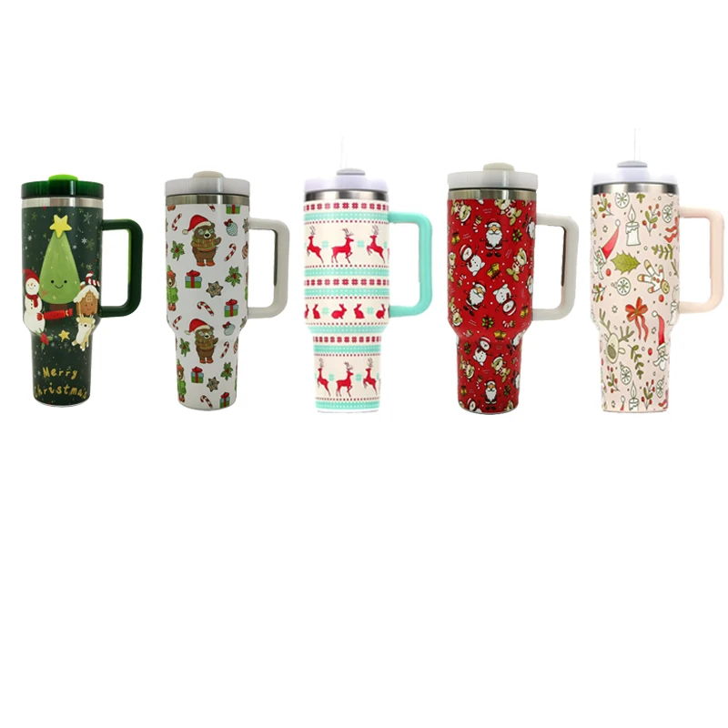 New Arrival Merry Christmas Sublimation Double Wall 304 Stainless Steel Christmas Printing 40oz Tumbler Coffee Mug with Handle