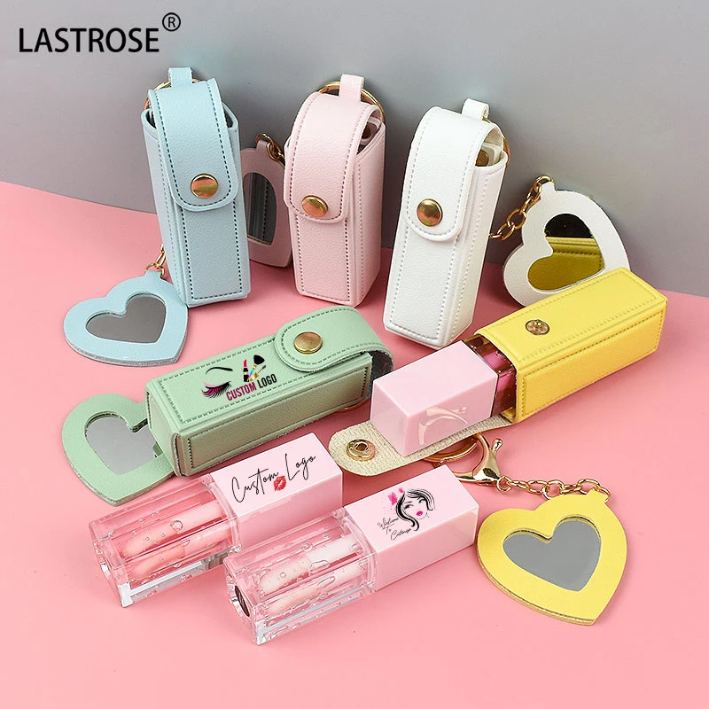 Hot Sell Lipstick holder keychain Mirror PU leather Lip Balm Holder keychain Lipstick Case with Makeup Mirror