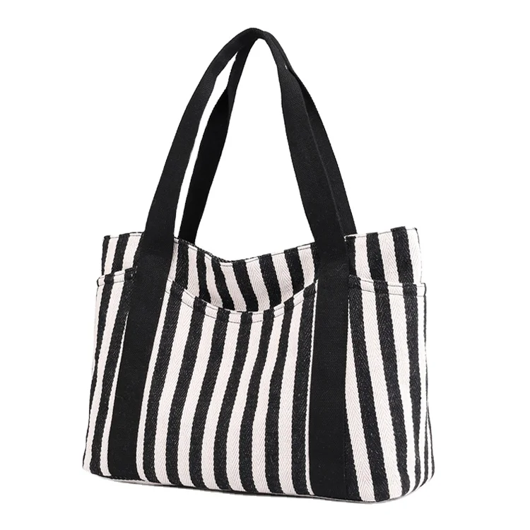 Summer Eco Friendly 12 oz Heavy Canvas Cotton Tote Bag Custom Stripe Beach Bag Wholesale