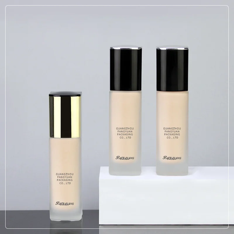 30ml 50ml Luxury Bb Cream Flat Shoulder Frosted Skincare Packaging Liquid Foundation Lotion Glass Press Bottle With Pump