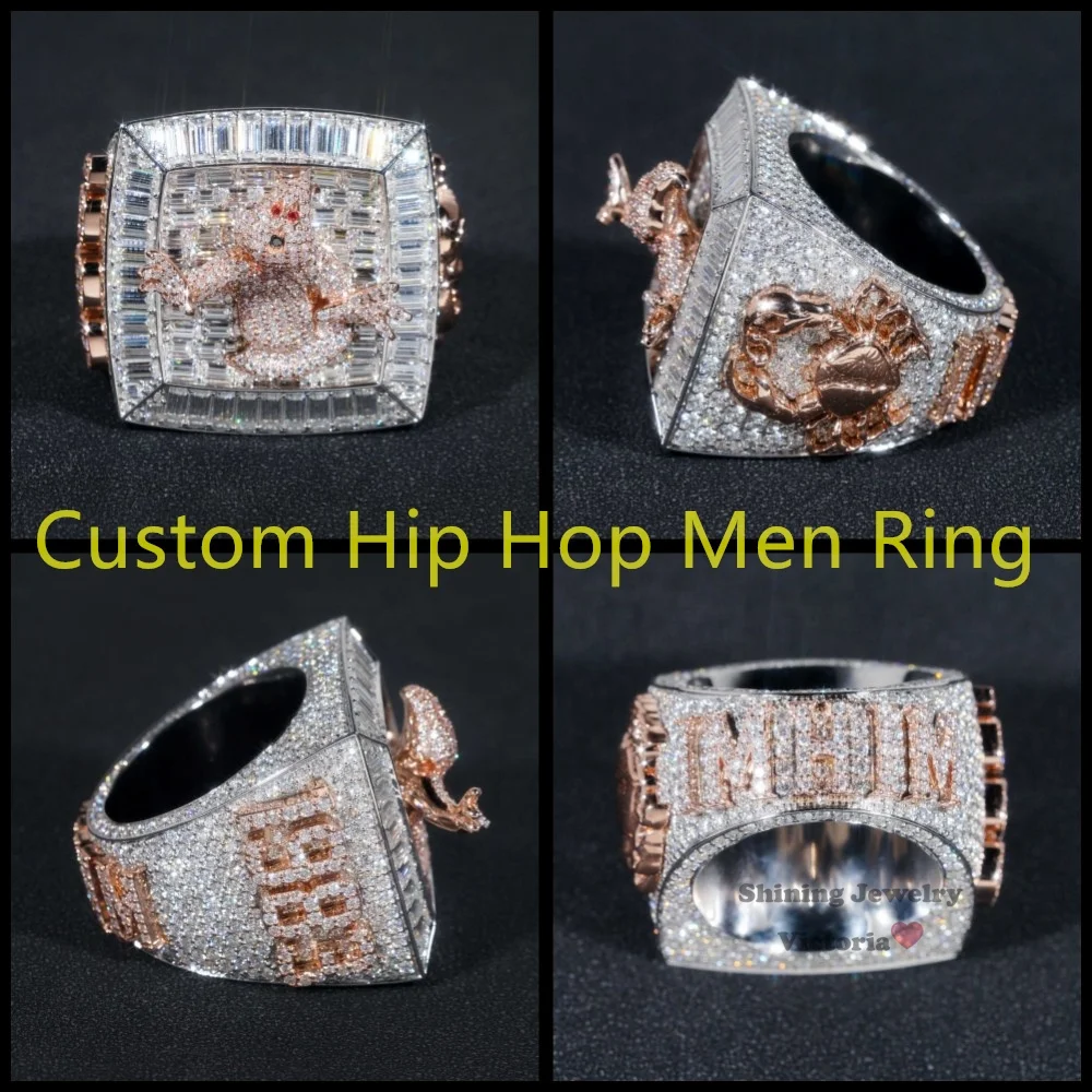Manufacturer Custom 2024 New Fashion Logo Number Cartoon Championship Rings 10K Gold Moissanite Baguette Diamond Hiphop Men Ring
