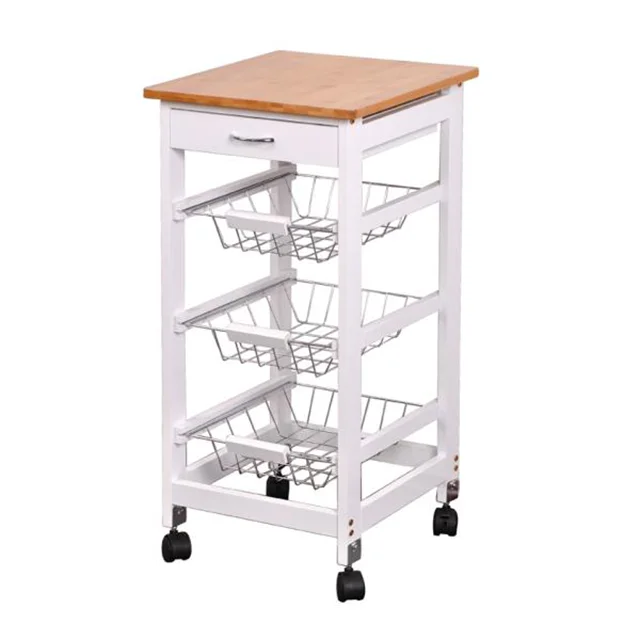 Hot sale bamboo tabletop white trolley cart wooden kitchen serving furniture kitchen trolley with wheels wood