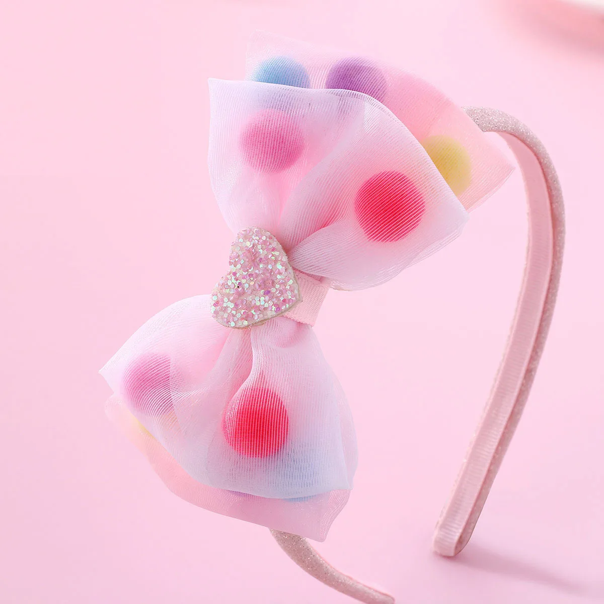 YiYuan Cute Headband for Kids Shiny Sequin Heart-shaped Hair Bow Hair Hoop for Girls Child Organza Bowknot Head Hoop Customized