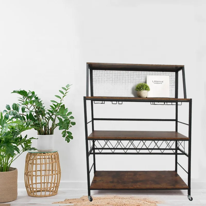 2023 hot saling OEM Kitchen Trolley Large Capacity 3-tier Storage Shelf with Wire Mesh Wine Holders