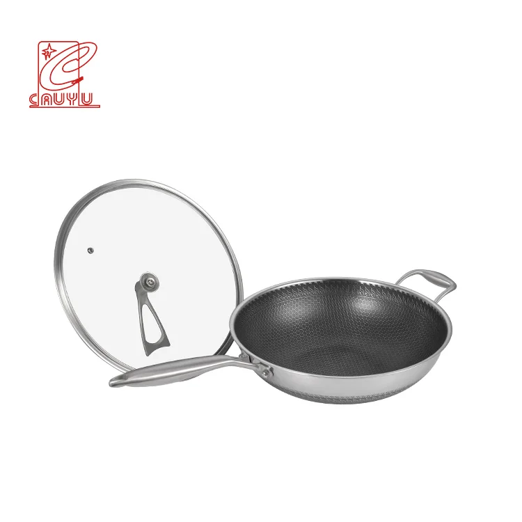 304 stainless steel frying pan set 32cm Honeycomb Nonstick wok with cast steel handle