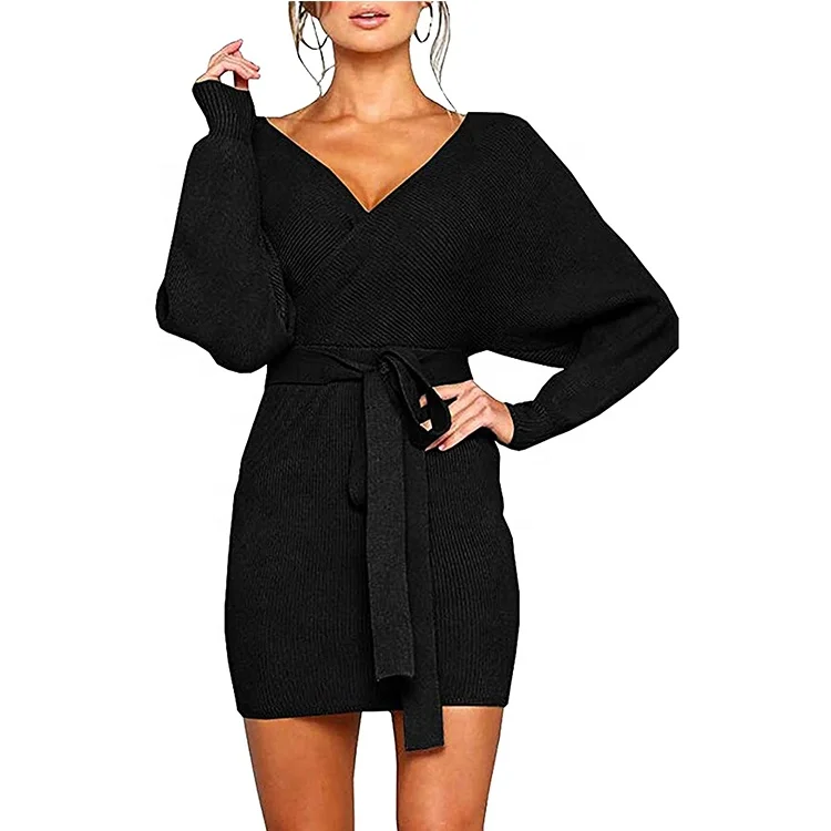 2022 Factory wholesale sexy wrap sweater dress long sleeve strappy backless mini knit dress