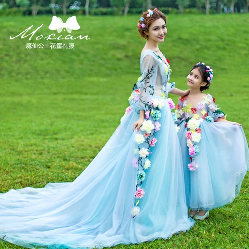 Flower fairy princess adult child dress long birthday  costume parent-child outfit royal blue princess wedding gown dress