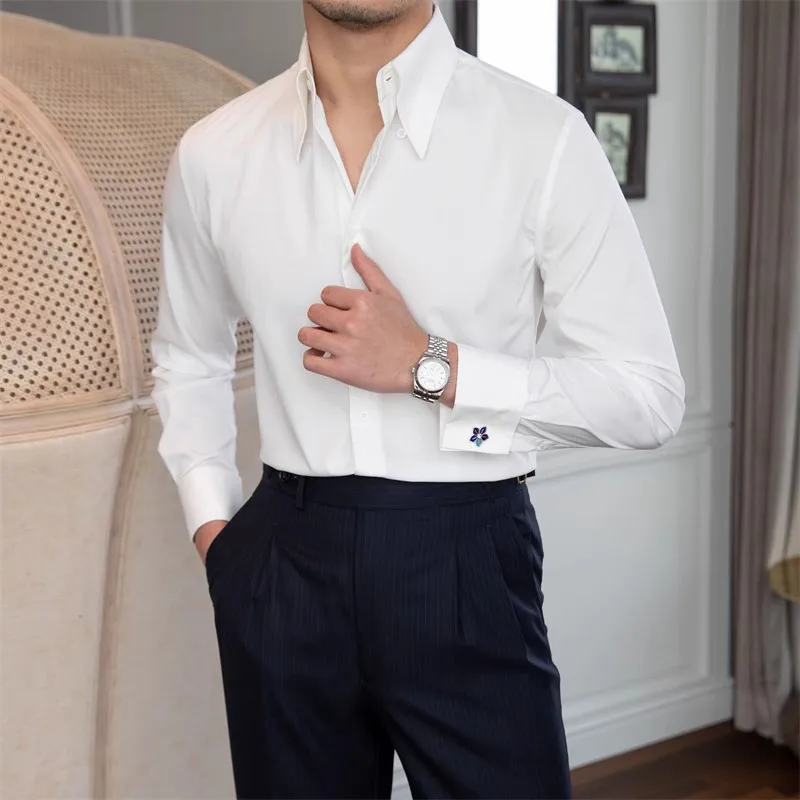 New Slim Large Pointed Collar French Cufflinks Shirt Italian Party Long Sleeve Shirt