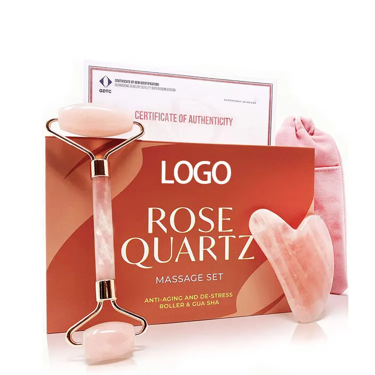 Wholesale Premium Anti Aging Custom Face Massage Natural Pink Rose Quartz Roller Jade Gua Sha And Jade Roller Set