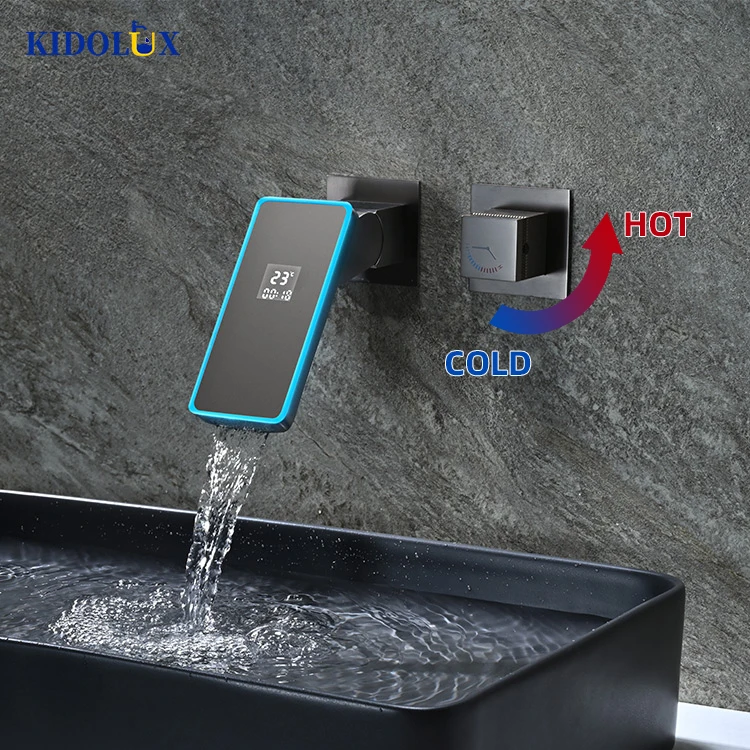 Kidolux Wall Mount Duel Hole Gun Gray Digital Display Waterfall Basin Water Tap Bathroom Sink Faucets Mixer Taps Brass Faucet