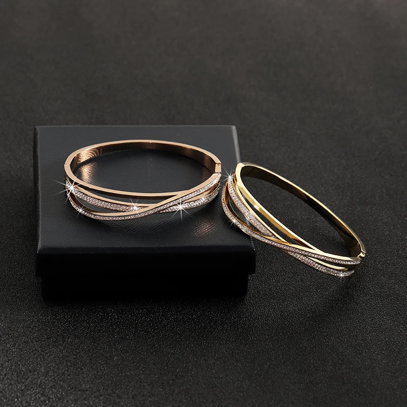 Charm Stainless Steel Shiny Rhinestone Luxury Statement Vintage Unique 24 Karat Gold Cuff Bracelets Bangle For Wedding Bridal