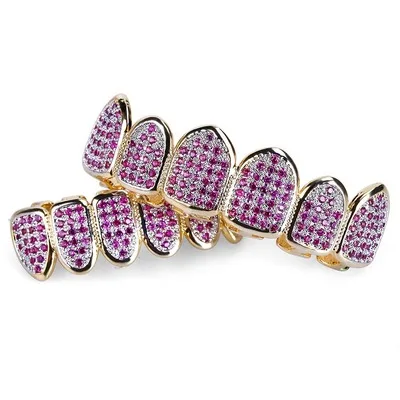 Hip Hop Teeth Grillz Micro Pave Fuchsia CZ Stone Iced Out Top Bottom Set Vampire Mouth Bling Jewelry