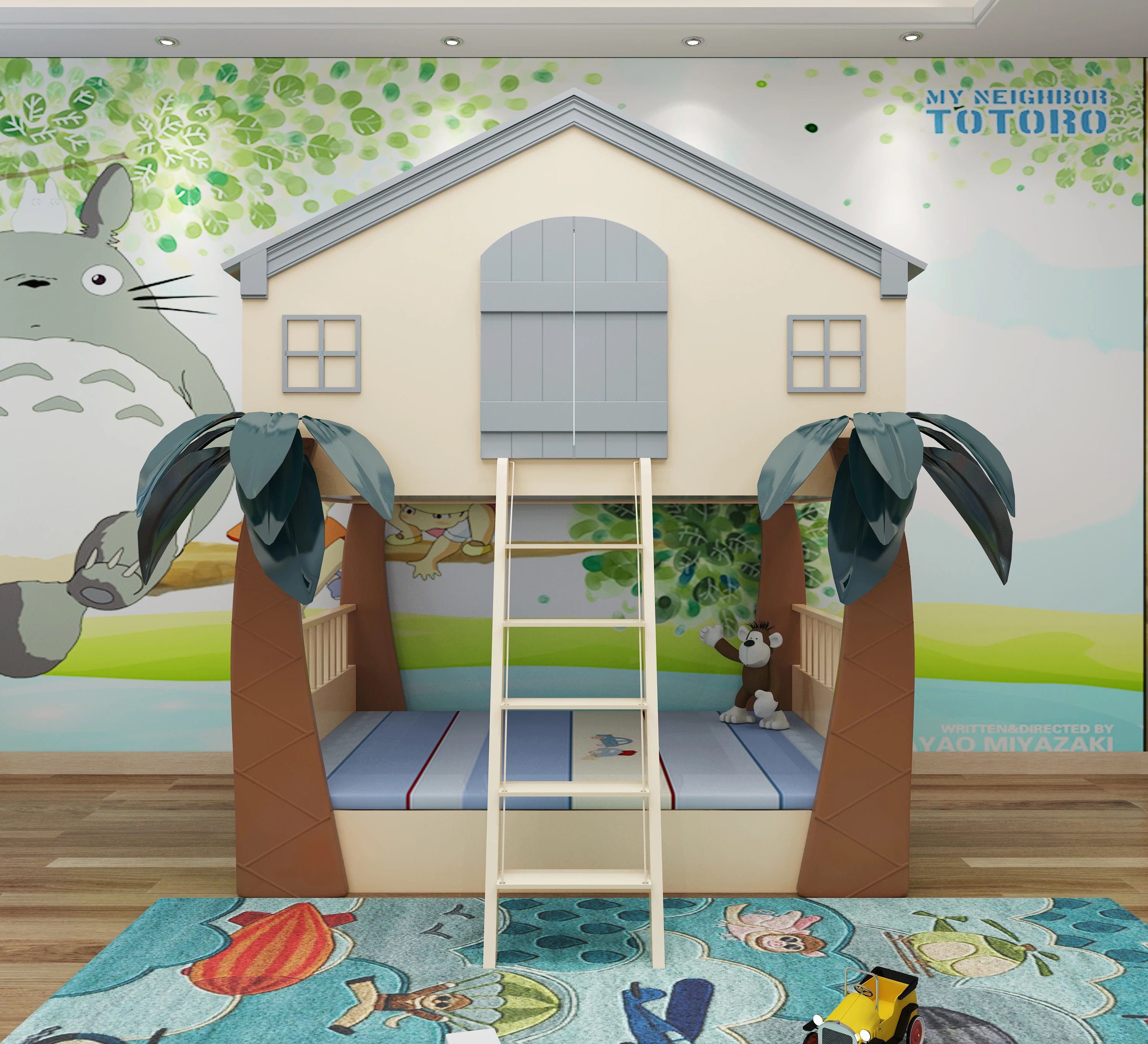 Modern Treehouse style kids up and down bed furniture pink solid wood kids bed Children bunk bed with Slide