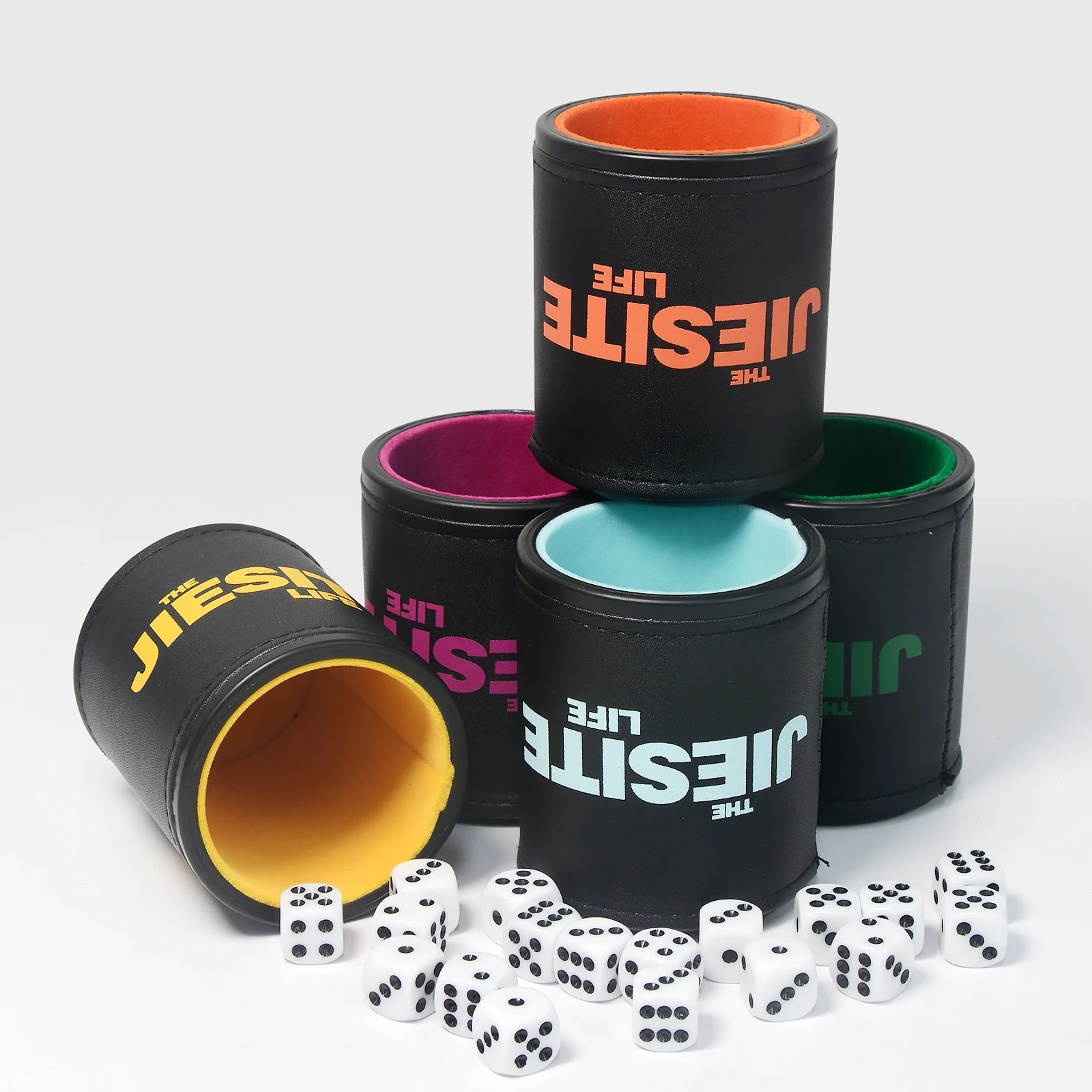 Felt Lined Quiet Dice Cup Set with 6 Acrylic Dices Multi Color Leather Dice Cup for Board Games