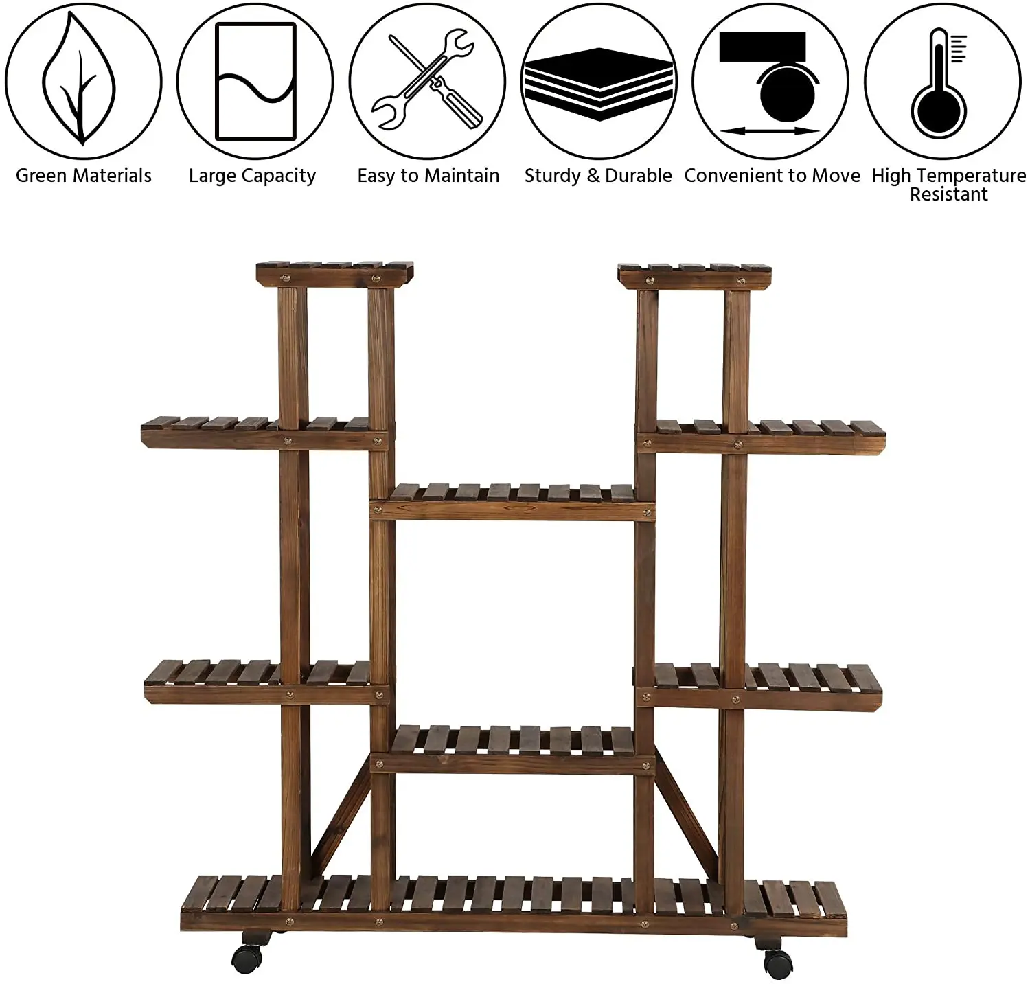 Rolling Plant Stand Shelf Indoor - 6 Tier Wood Plant Pots Shelves Tiered Flower Rack Holder Stand with Detachable Wheels