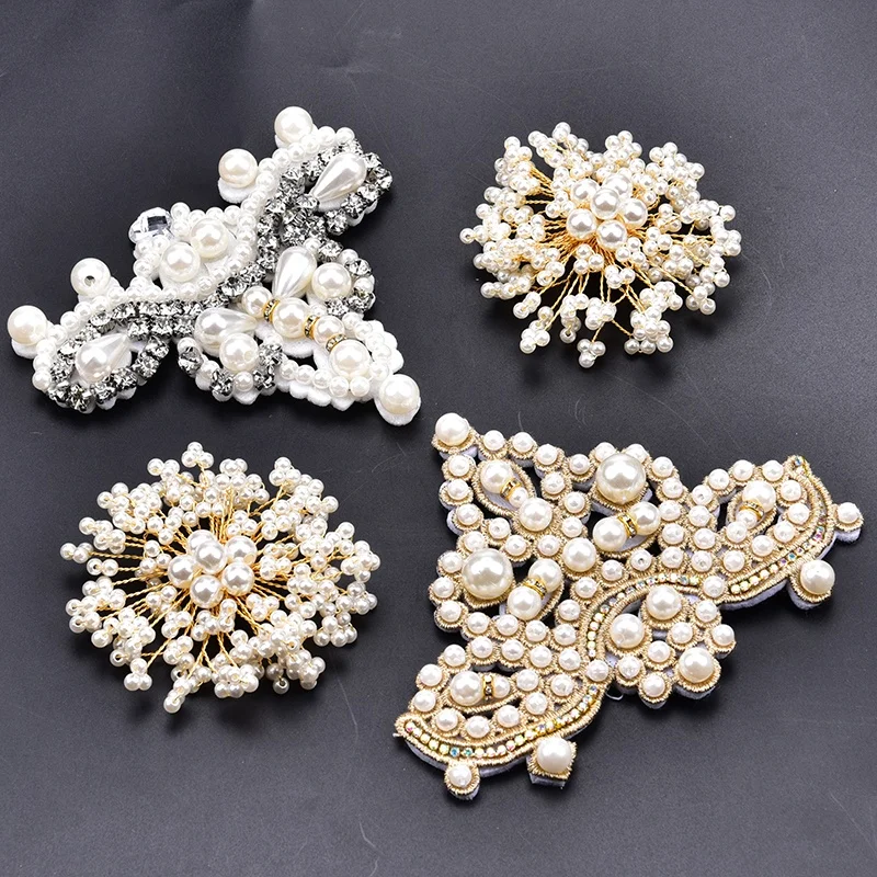 Fashion Sew on Pearl Motifs Patch Shoes Flower Buckle DIY Pattern Lace Applique for Wedding Hairpin Turban