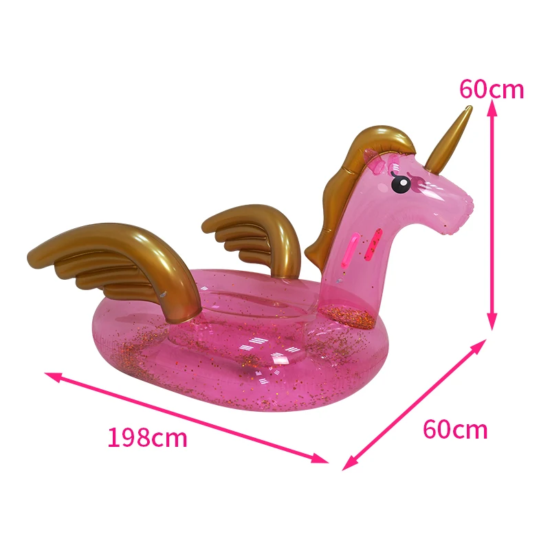 Inflatable island water pool floating unicorn shape with wings and glitter ride-on pink Pegasus pool float with handles