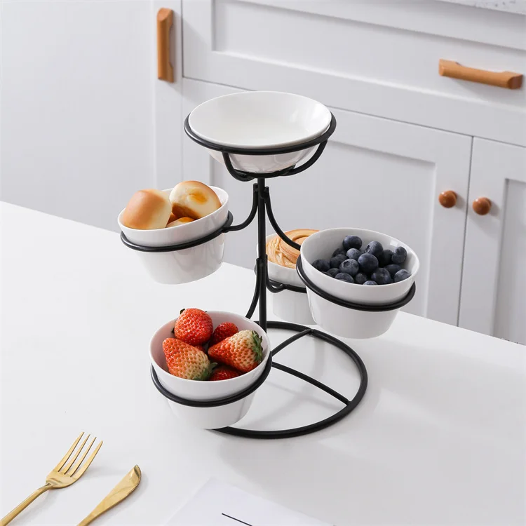 Wholesale european style home goods serveware snack fruit bowl set serving ceramic bowls with iron stand