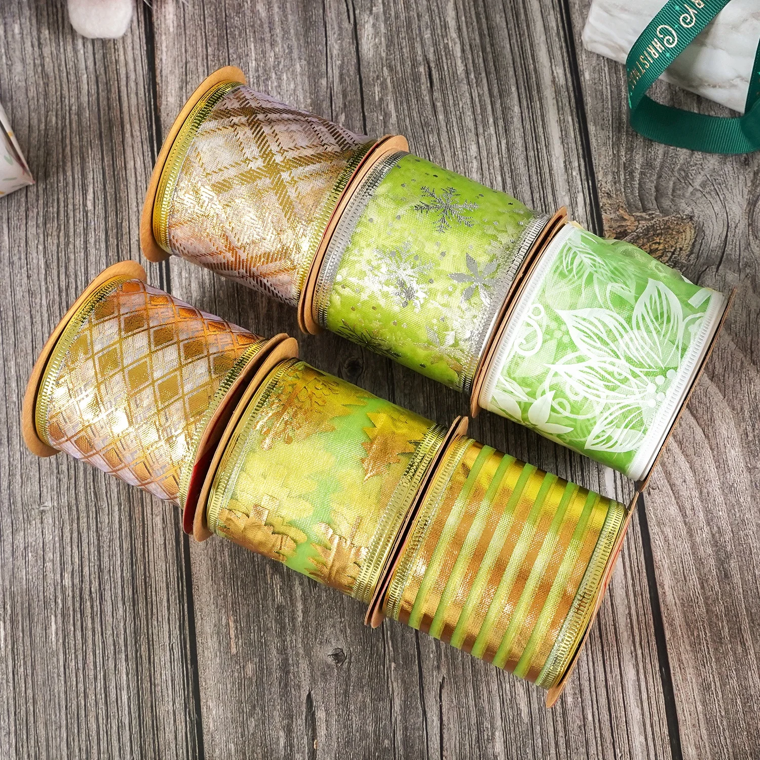 Midi Ribbons Stock 6 Rolls/Set Sale 63mm 2.5 inch Print Burlap Ribbon Organza Sheer Wired Christmas Ribbon for Wholesale