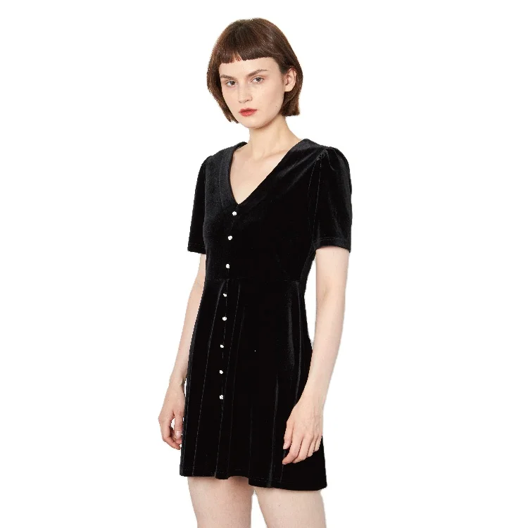 
Casual Beautiful Black V Neck Corest Classy Vintage Ladies Velvet Short Summer Dresses Women Elegant 