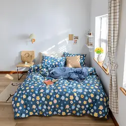 blue flowers plain printed duvet cover sets bed sheet washed bedding set