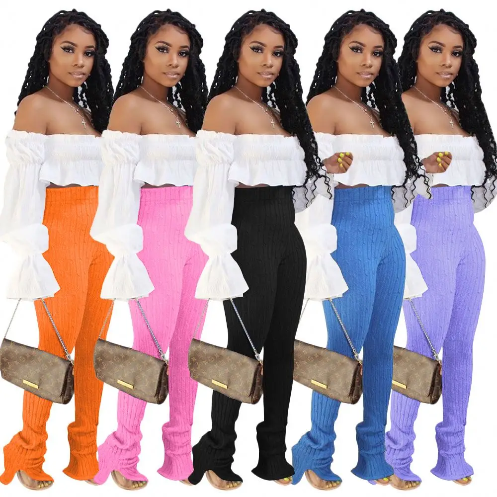 
New Design Slit Rib Knitted Pencil Trousers Fashion Pit Strip Stacked Ribbed High Waist Pants Women 