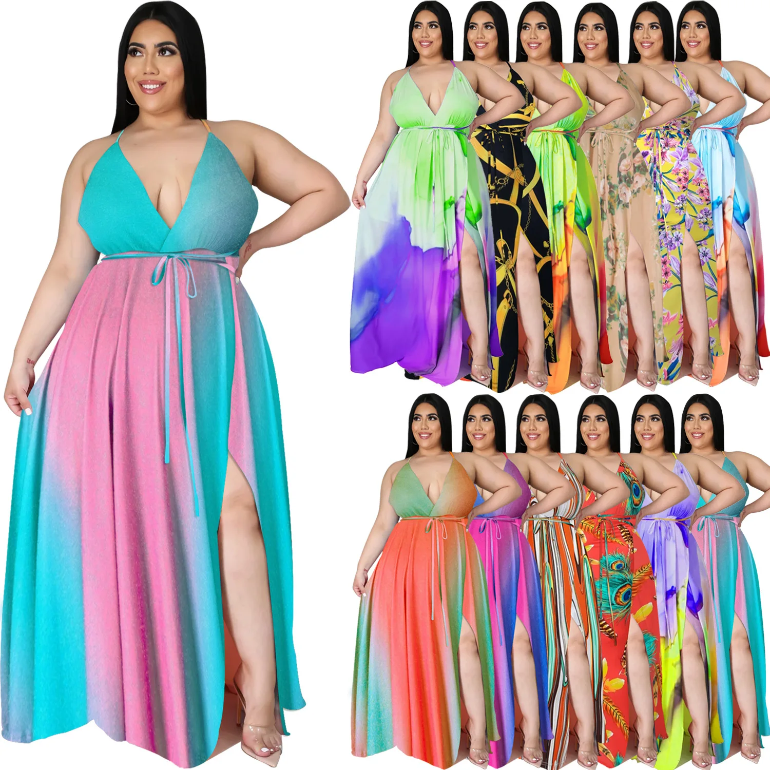 2021 women plus size clothing L-5XL v neck hater neck maxi summer dress backless colorful long dress