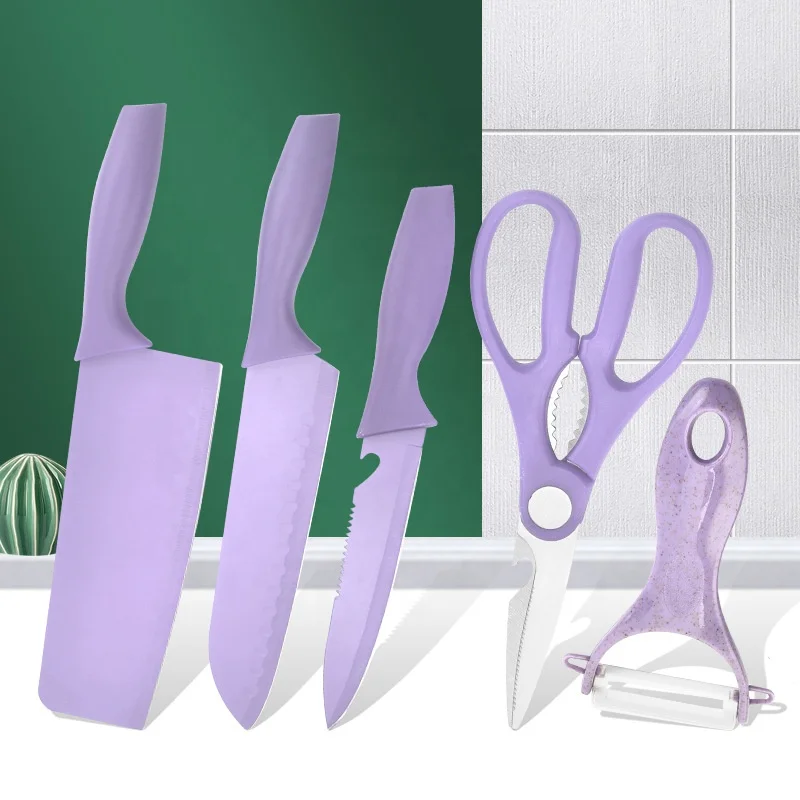 Colorful Straw Five-piece Rainbow Model Stainless Steel Spray Paint Knife Set Kitchen Box Set of Knives